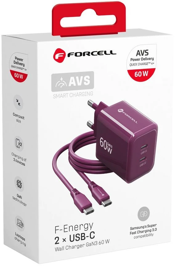 Telefono įkroviklis Forcell F-Energy GaN III Crystal Color 2x USB C AVS SSFC3.0 60W + silikoninis laidas USB C į USB C VT-60 bordo