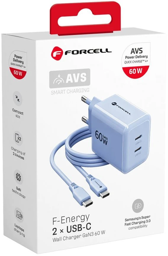 Phone charger Forcell F-Energy GaN III Crystal Color 2x USB C AVS SSFC3.0 60W + silicone cable USB C to USB C VT-60 mėlynas