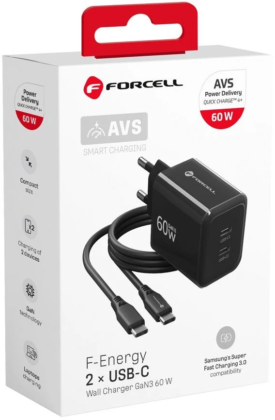 Phone charger Forcell F-Energy GaN III Crystal Color 2x USB C AVS SSFC3.0 60W + silikoninis laidas USB C į USB C VT-60 juodas