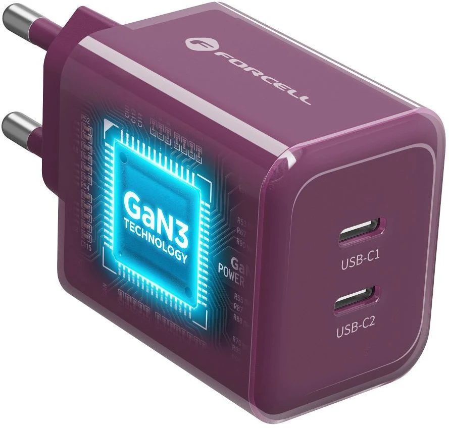 Telefono įkroviklis Forcell F-Energy GaN III Crystal Color 2x USB C AVS SSFC3.0 60W + silikoninis laidas USB C į USB C VT-60 bordo