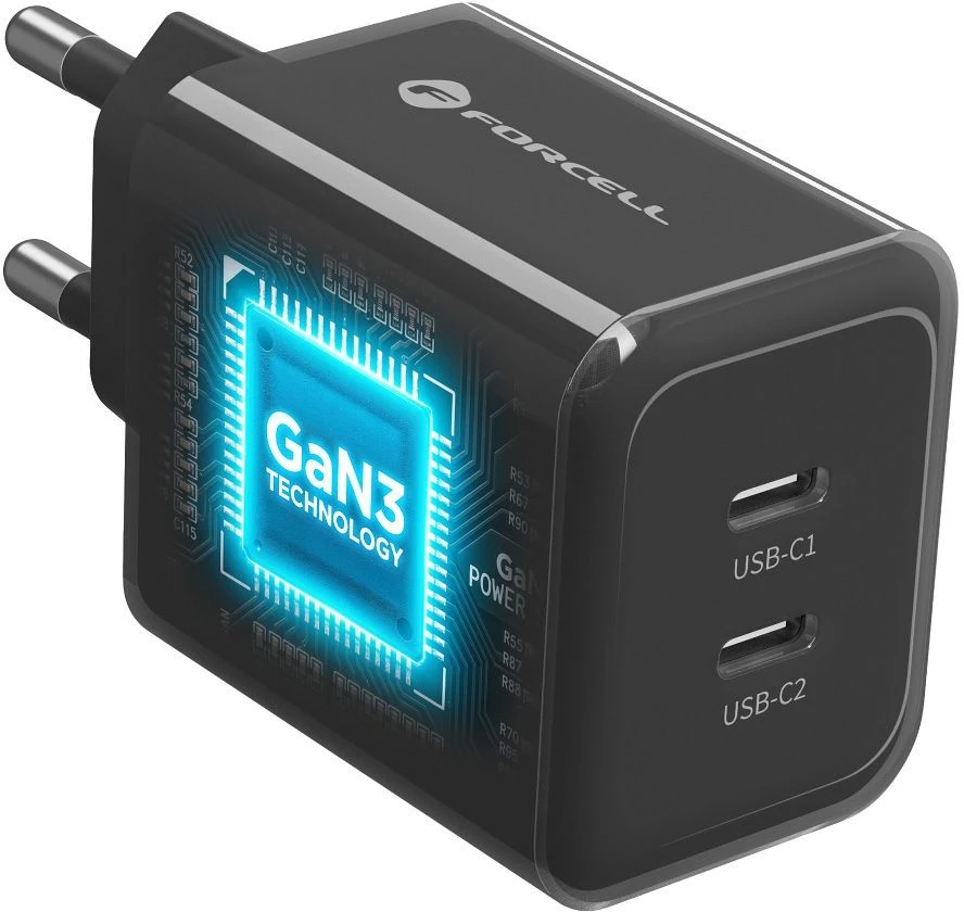 Phone charger Forcell F-Energy GaN III Crystal Color 2x USB C AVS SSFC3.0 60W + silikoninis laidas USB C į USB C VT-60 juodas