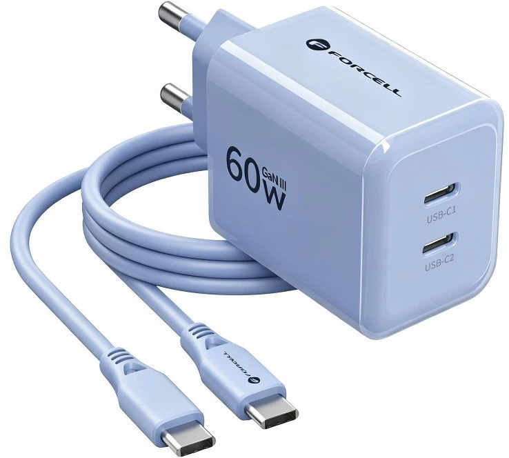 Phone charger Forcell F-Energy GaN III Crystal Color 2x USB C AVS SSFC3.0 60W + silicone cable USB C to USB C VT-60 mėlynas