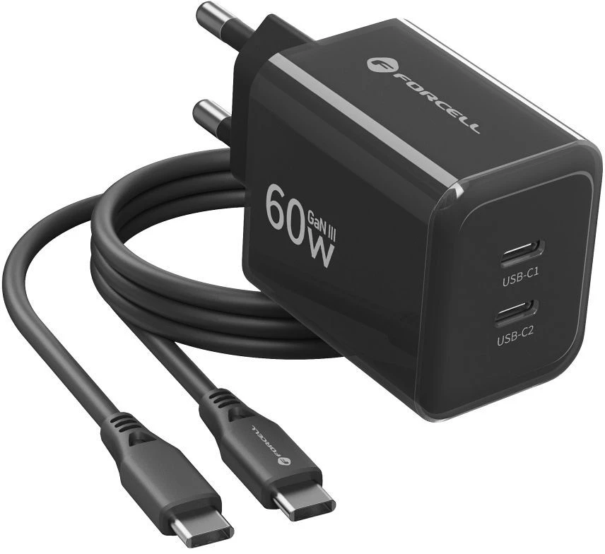 Phone charger Forcell F-Energy GaN III Crystal Color 2x USB C AVS SSFC3.0 60W + silikoninis laidas USB C į USB C VT-60 juodas