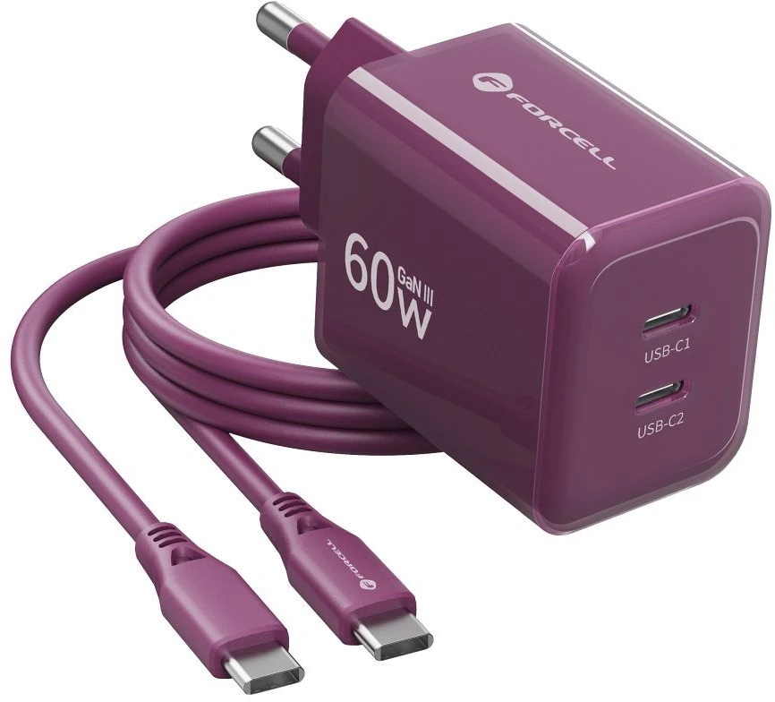 Telefono įkroviklis Forcell F-Energy GaN III Crystal Color 2x USB C AVS SSFC3.0 60W + silikoninis laidas USB C į USB C VT-60 bordo
