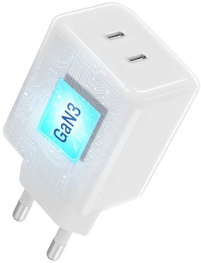 Telefono įkroviklis Forcell F-Energy GaN III Crystal Color 2x USB C AVS SSFC3.0 60W + silikoninis laidas USB C į USB C VT-60 baltas