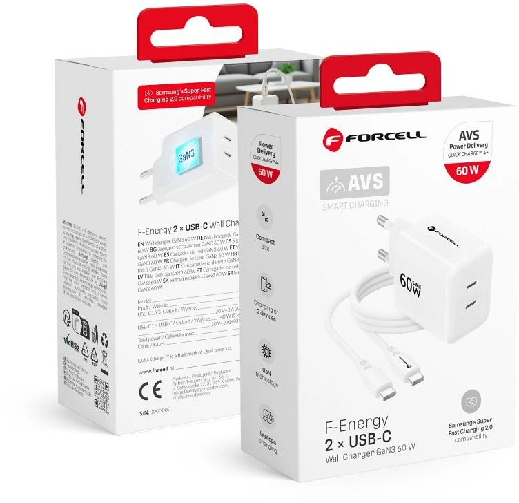 Telefono įkroviklis Forcell F-Energy GaN III Crystal Color 2x USB C AVS SSFC3.0 60W + silikoninis laidas USB C į USB C VT-60 baltas
