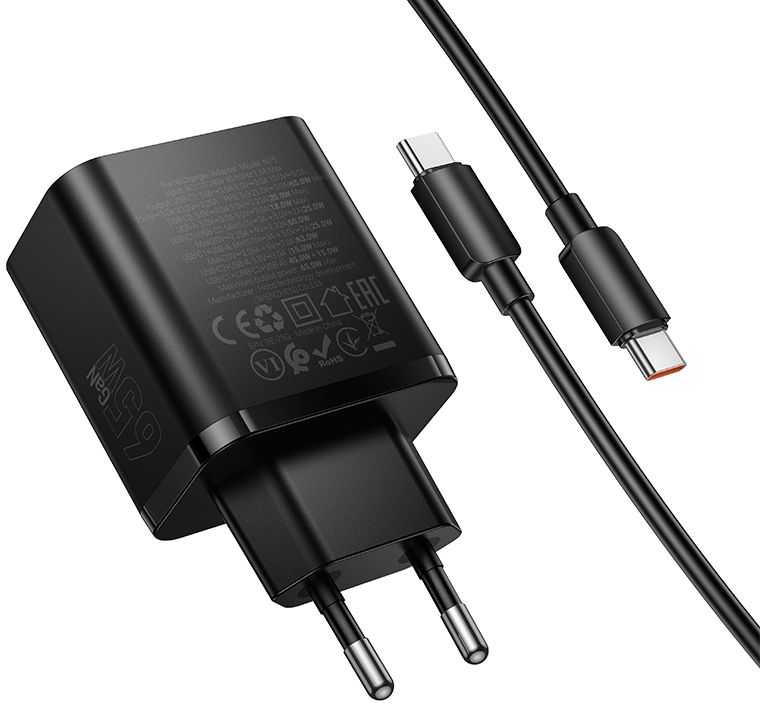 Telefono įkroviklis Hoco 2x USB C + USB A QC3.0 PD 3A 65W + duomenų kabelis USB C į USB C N75 juodas