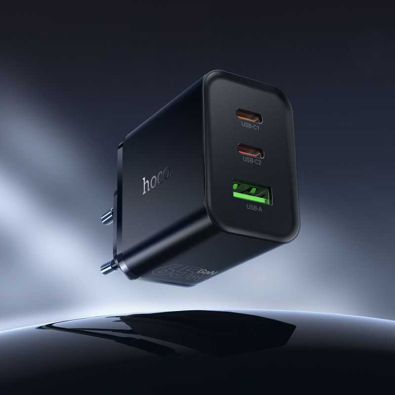 Telefono įkroviklis Hoco 2x USB C + USB A QC3.0 PD 3A 65W N75 juodas