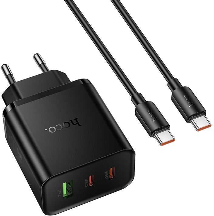 Telefono įkroviklis Hoco 2x USB C + USB A QC3.0 PD 3A 65W + duomenų kabelis USB C į USB C N75 juodas