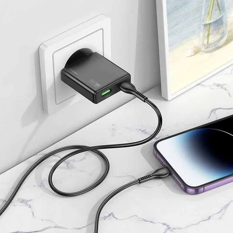 Telefono įkroviklis Hoco Slim USB A + USB C QC3.0 PD 3A 20W + laidas USB C - Lightning N38 juodas