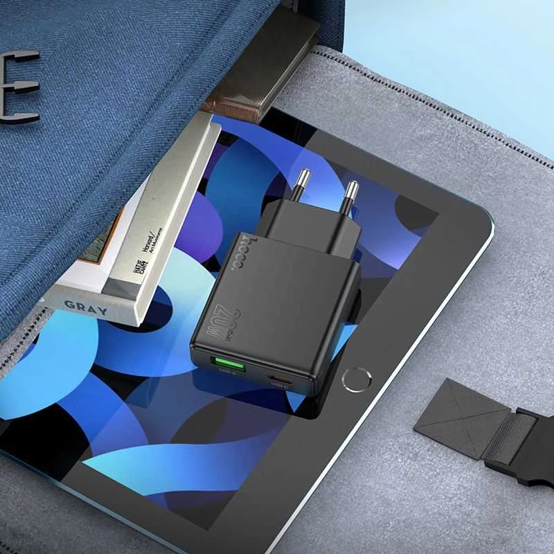 Telefono įkroviklis Hoco Slim USB A + USB C QC3.0 PD 3A 20W + laidas USB C - Lightning N38 juodas