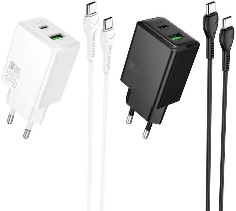 Telefono įkroviklis Hoco USB A + USB C QC3.0 PD AFC 3A 30W + laidas USB C į USB C N71 juodas