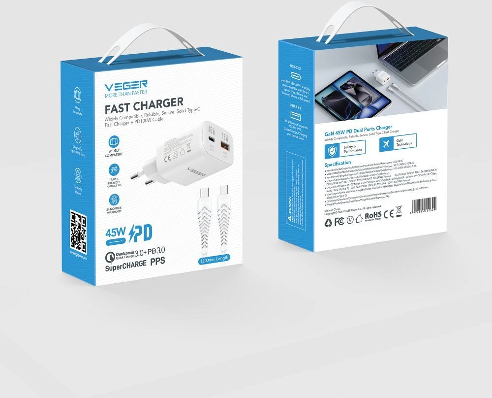 Telefono įkroviklis USB A + C tipo PD 45W + duomenų kabelis C tipo į C tipo 100W VEGER TR121 baltas