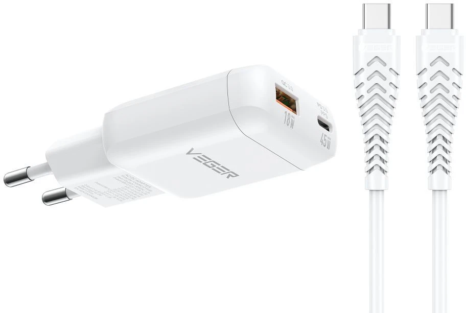 Telefono įkroviklis USB A + C tipo PD 45W + duomenų kabelis C tipo į C tipo 100W VEGER TR121 baltas