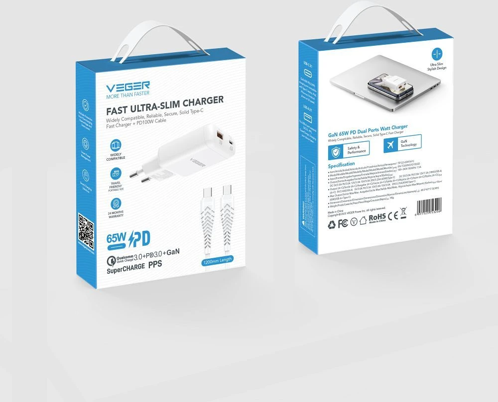 Telefono įkroviklis USB A + C tipo PD 65W + duomenų kabelis C tipo į C tipo 100W VEGER TR122 baltas