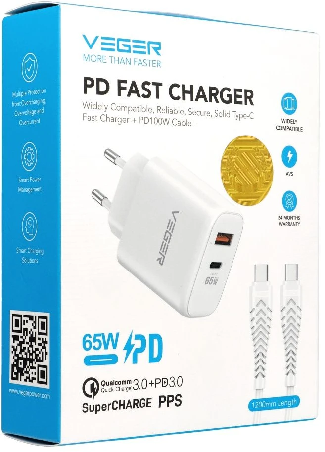 Telefono įkroviklis VEGER USB A + Typ C PD QC3.0 3,25A 65W + laidas USB C į USB C TR67 baltas
