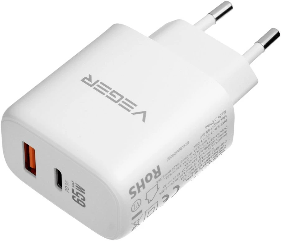 Telefono įkroviklis VEGER USB A + Typ C PD QC3.0 3,25A 65W + laidas USB C į USB C TR67 baltas
