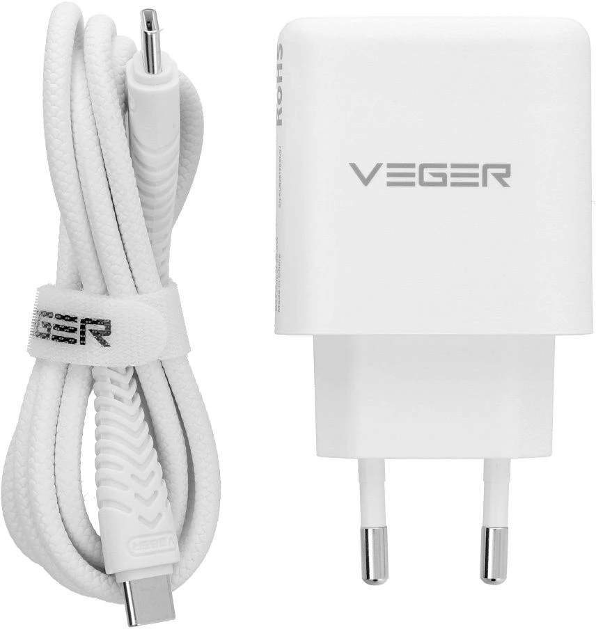 Telefono įkroviklis VEGER USB A + Typ C PD QC3.0 3,25A 65W + laidas USB C į USB C TR67 baltas