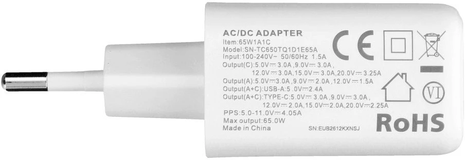 Telefono įkroviklis VEGER USB A + Typ C PD QC3.0 3,25A 65W + laidas USB C į USB C TR67 baltas