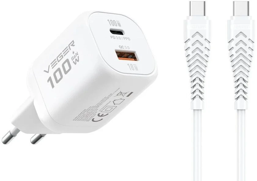 Phone charger VEGER USB A + Type C PD Super Charge PPS 100W + data cable Type C to C 240W TR150 baltas