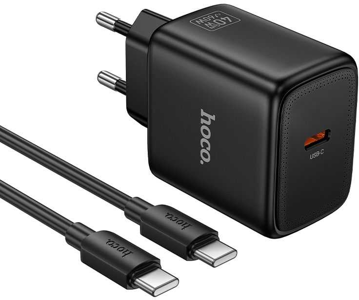 Telefono GaN įkroviklis Hoco USB C PD AVS 40W max 60W su USB C - USB C laidu N83 juodas