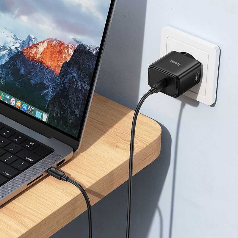 Telefono GaN įkroviklis Hoco USB C PD AVS 40W max 60W su USB C - USB C laidu N83 juodas
