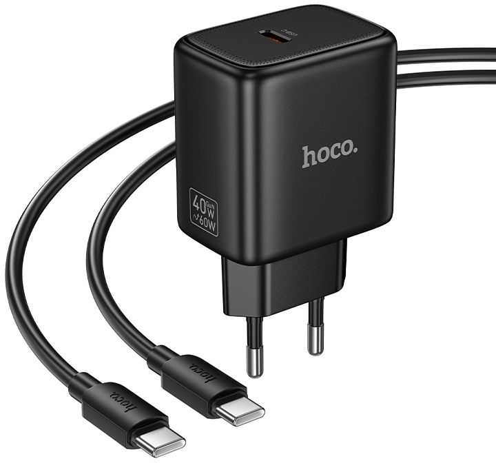 Telefono GaN įkroviklis Hoco USB C PD AVS 40W max 60W su USB C - USB C laidu N83 juodas