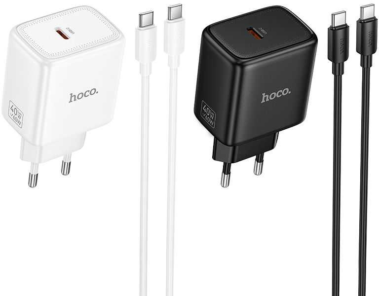 Telefono GaN įkroviklis Hoco USB C PD AVS 40W max 60W su USB C - USB C laidu N83 juodas