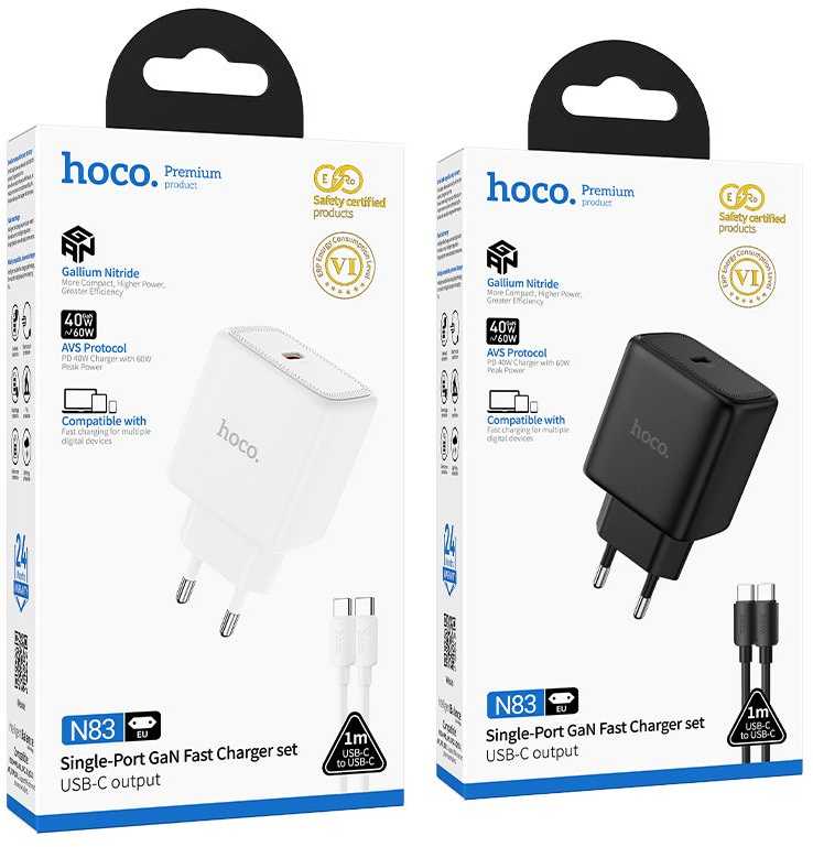 Telefono GaN įkroviklis Hoco USB C PD AVS 40W max 60W su USB C - USB C laidu N83 juodas