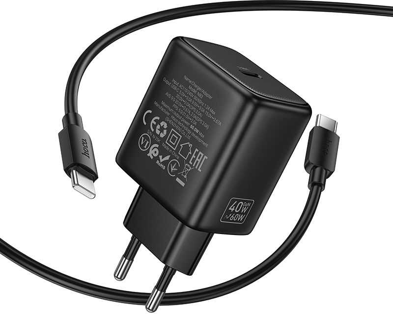 Telefono GaN įkroviklis Hoco USB C PD AVS 40W max 60W su USB C - USB C laidu N83 juodas