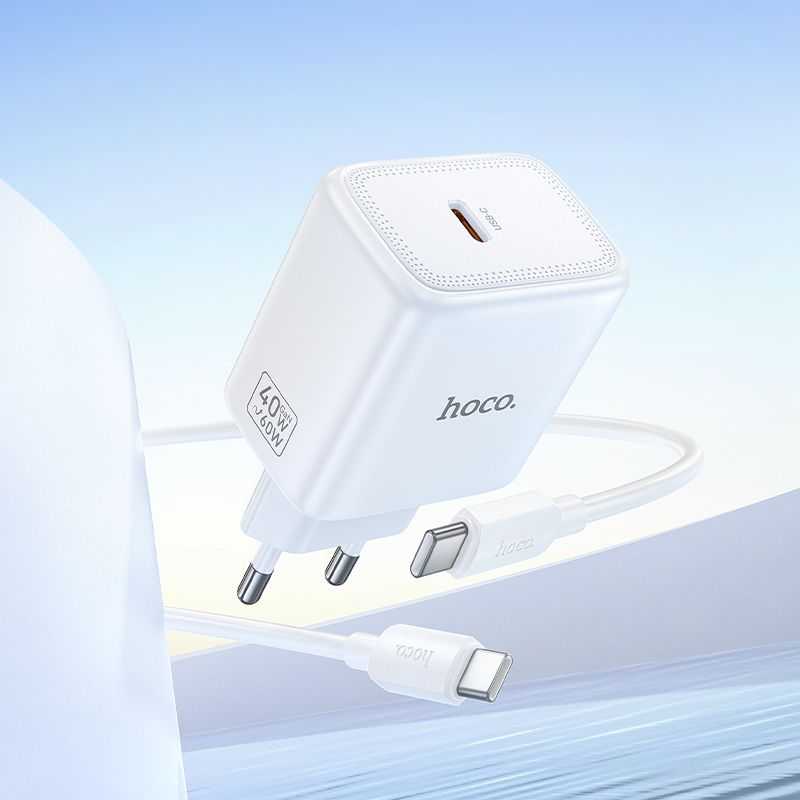 Telefono GaN įkroviklis Hoco USB C PD AVS 40W max 60W su USB C - USB C laidu N83 baltas