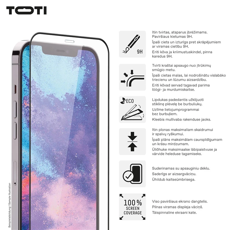 „Toti Premium PREMIUM“ grūdinto stiklo 3D ekrano apsauga, skirta „Apple iPhone 16 Pro“.