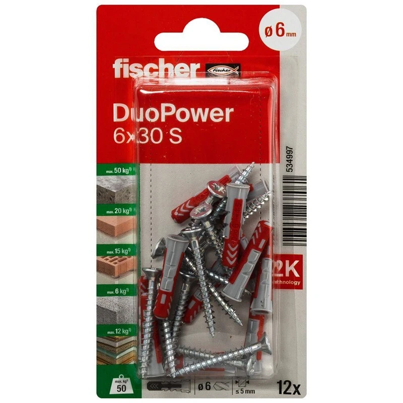 Kaištis Fischer DuoPower, 30 mm x 6 mm, 12 vnt.