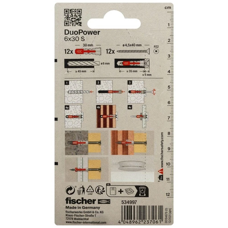 Kaištis Fischer DuoPower, 30 mm x 6 mm, 12 vnt.