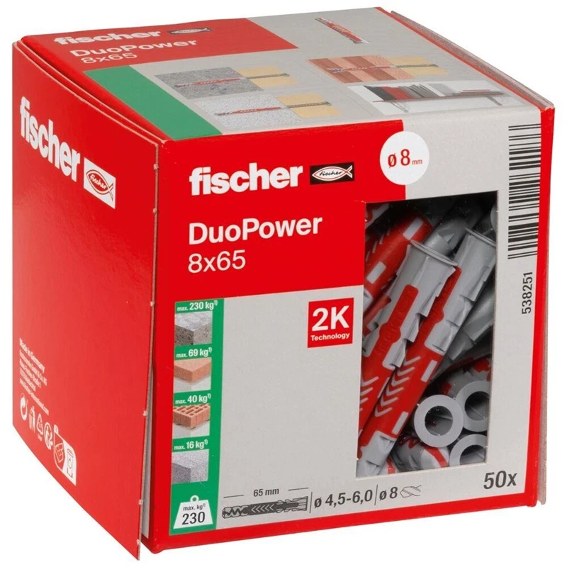Kaištis Fischer DuoPower, 65 mm x 8 mm, 50 vnt.