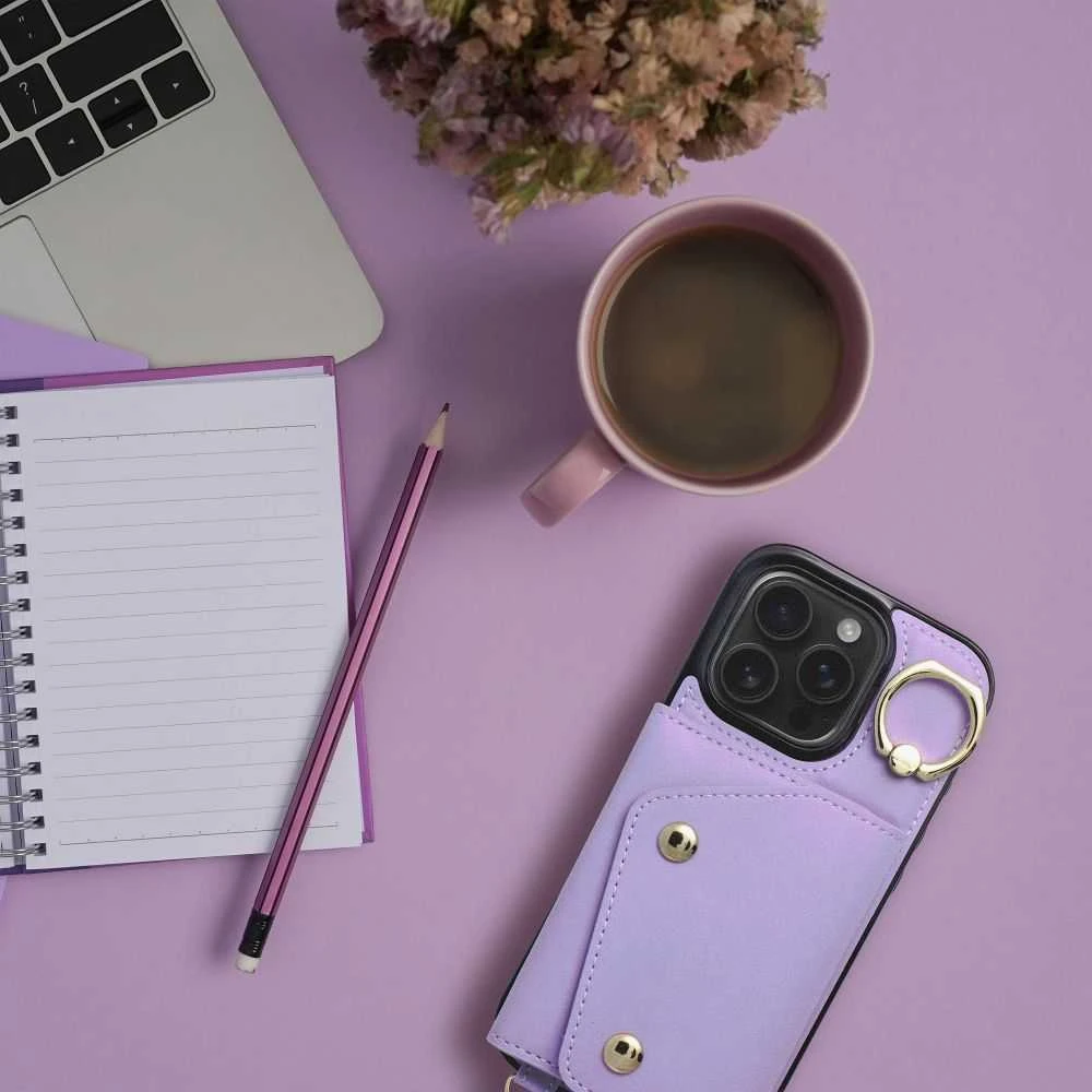 OEM dėklas, skirtas „iPhone 16 Wonder“ su pinigine, alyvinės spalvos