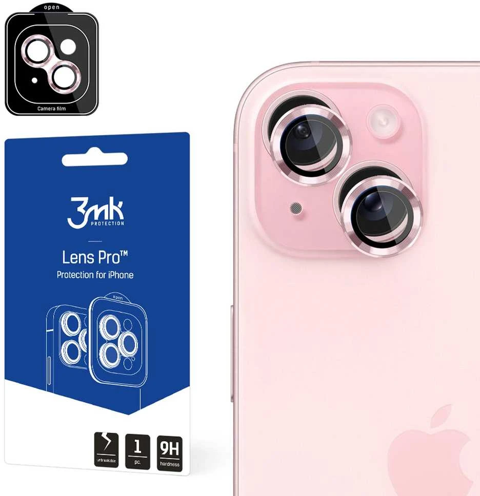 Apsauginis stiklas telefono kamerai Apple iPhone 15 3MK Lens Protection Pro rožinės spalvos