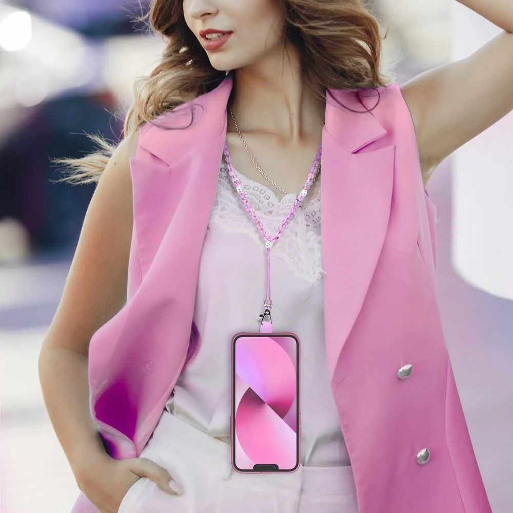 Dėklas Oem CRYSTAL DIAMOND telefono virvelė, telefono pakabukas / laido ilgis 74cm (37cm kilpoje) / ant kaklo - šviesiai rožinė