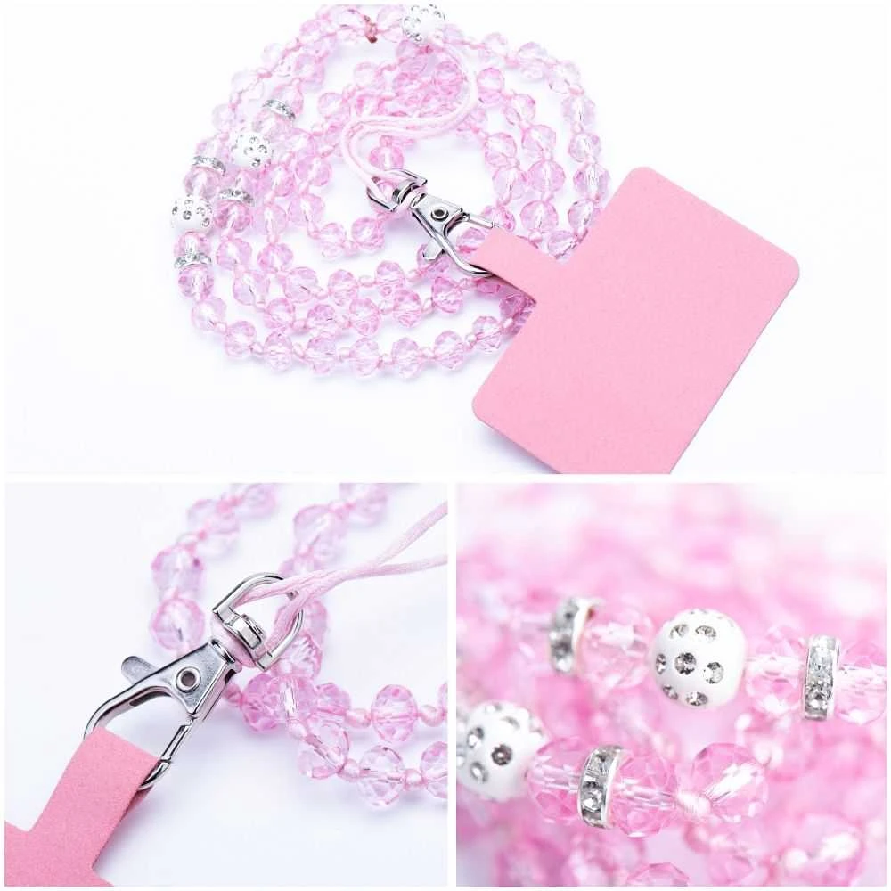 Dėklas Oem CRYSTAL DIAMOND telefono virvelė, telefono pakabukas / laido ilgis 74cm (37cm kilpoje) / ant kaklo - šviesiai rožinė