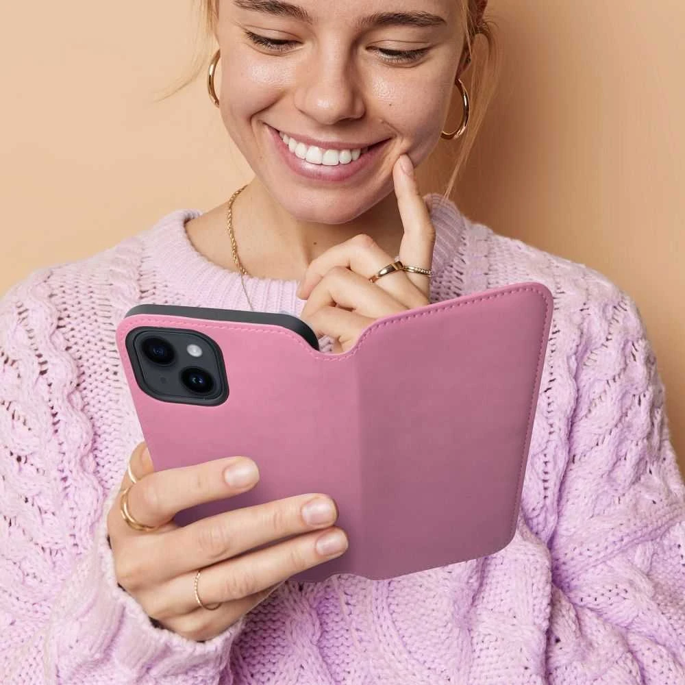 OEM atverčiamas dėklas, skirtas „iPhone 16 PLUS“ su dviem kišenėmis, šviesiai rožinis