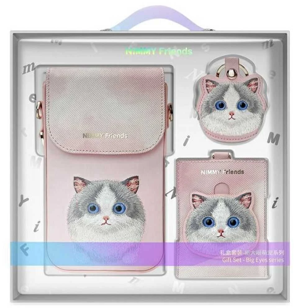 Nimmy 3in1 Set phone bag + wallet + locator case rožinės spalvos Big Eyed Pet 2.0 Cat