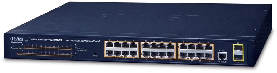 Šakotuvas PLANET GS-4210-24P2S tinklo jungiklis Valdomas L2/L4 Gigabit Ethernet (10/100/1000) Maitinimas per Ethernet (PoE) 1U Mėlyna