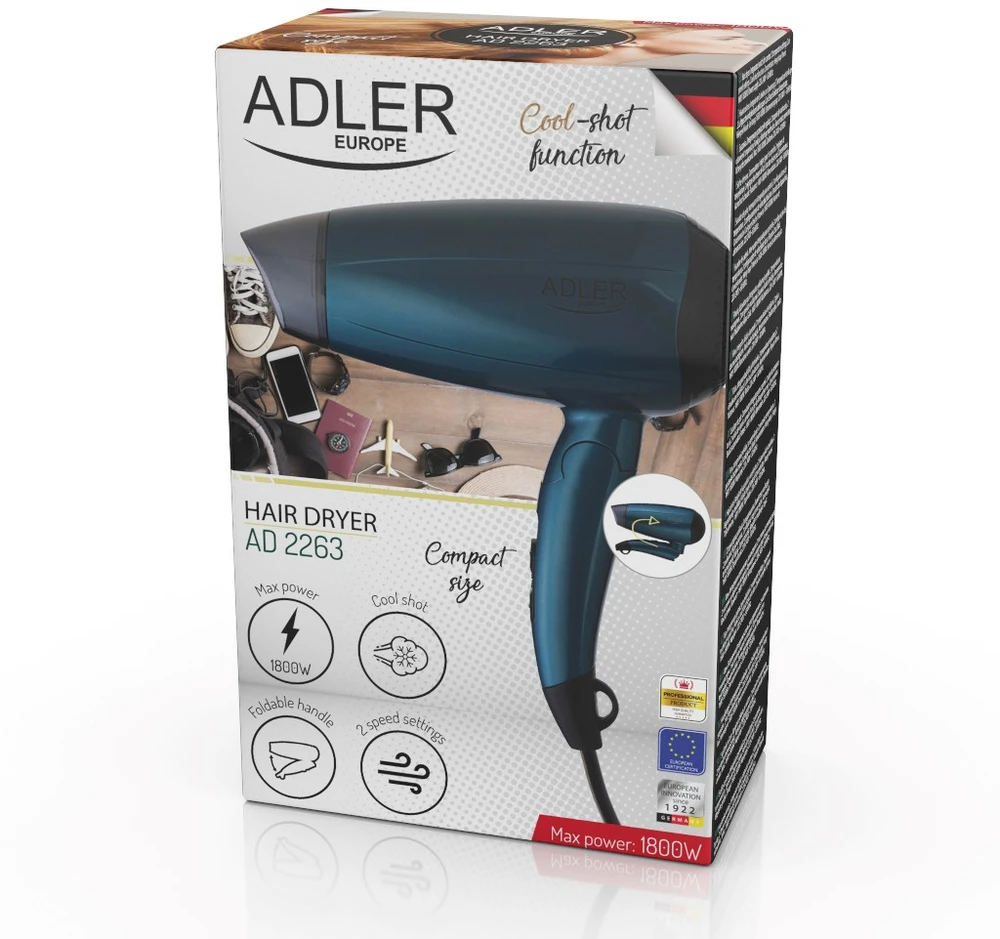 Adler | Plaukų džiovintuvas | AD 2263 | 1800 W | Number of temperature settings 2 | Mėlyna