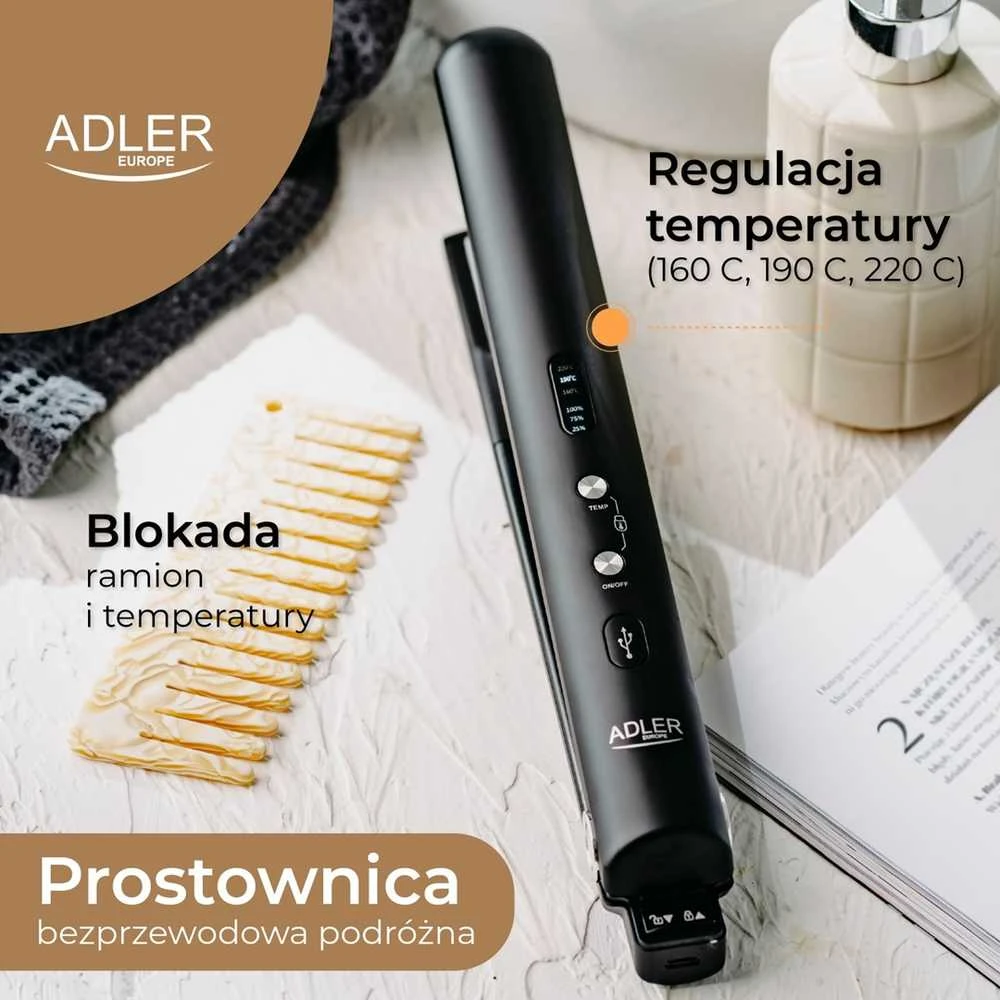Adler Cordless Plaukų tiesintuvas | AD 2327 | Ceramic heating system | Ekranas LED | Temperature (min) 160 °C | Temperature (max) 220 °C | Juodas