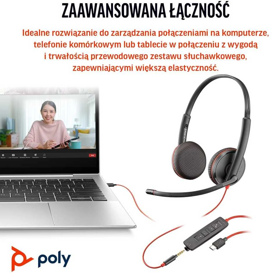 Hewlett Packard (HP) HP „Poly Blackwire 3225“ stereo USB-C ausinės + 3,5 mm kištukas + USB-C/A adapteris (didmeninė prekyba) (209747-201/209751-201)