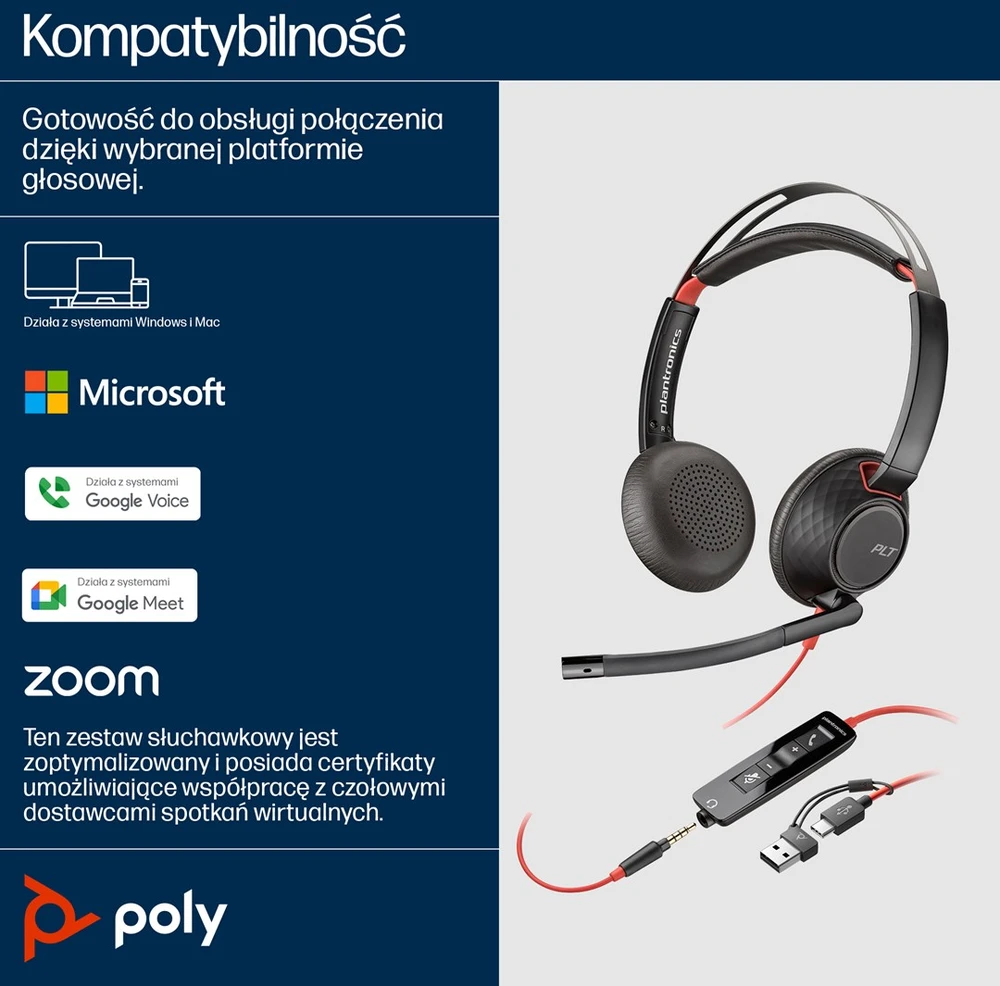 Hewlett Packard (HP) Poly Blackwire 5220 Stereo USB-C Ausinės +3.5mm Plug +USB-C/A Adapteris (207576-201)
