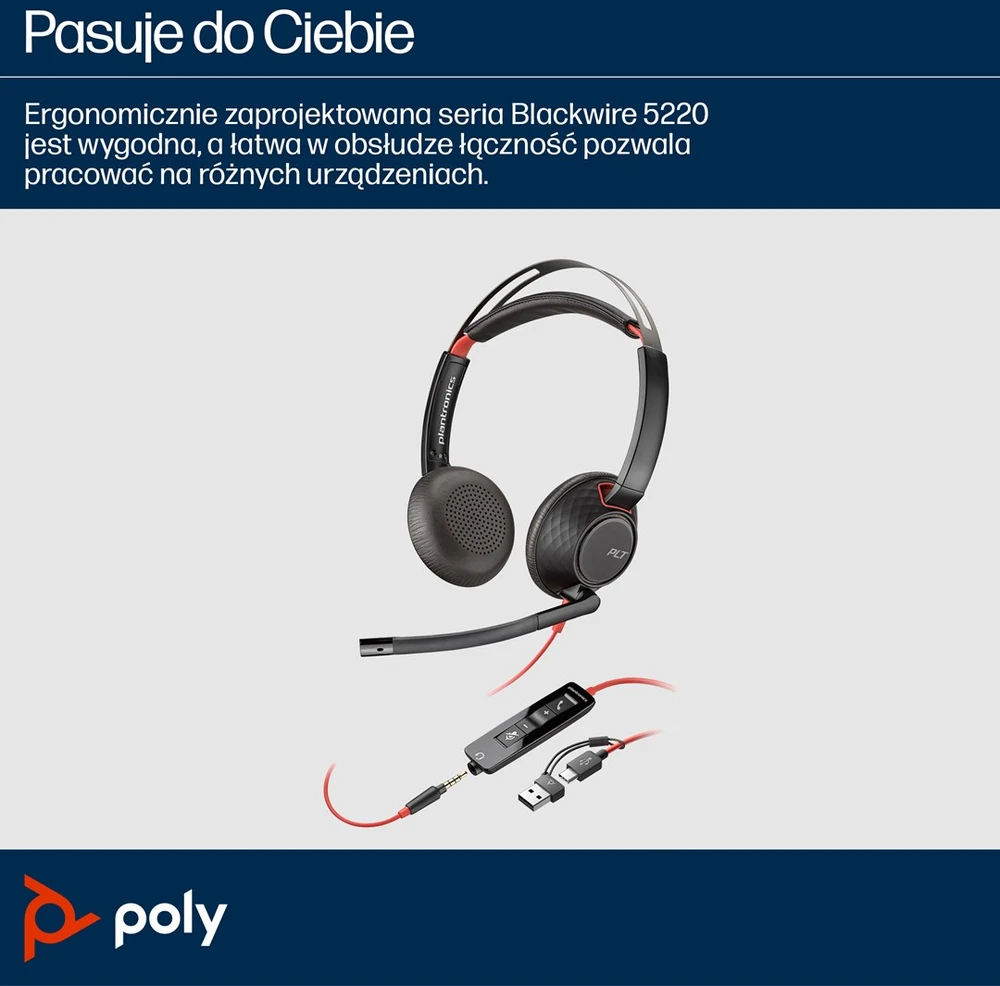 Hewlett Packard (HP) Poly Blackwire 5220 Stereo USB-C Ausinės +3.5mm Plug +USB-C/A Adapteris (207576-201)