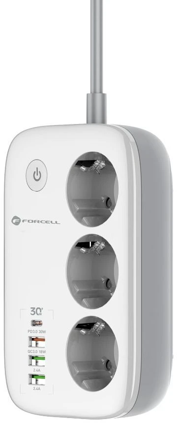 Power strip Forcell F-Energy 3 sockets + USB C 30W + 3 x USB A QC3.0 PD + WiFi Tuya, SmartLife, Alexa 10A 2500W VT-PS03 baltas