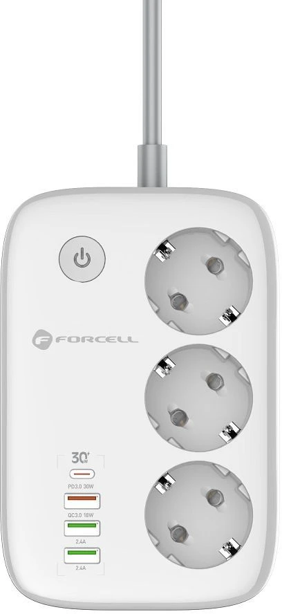 Power strip Forcell F-Energy 3 sockets + USB C 30W + 3 x USB A QC3.0 PD + WiFi Tuya, SmartLife, Alexa 10A 2500W VT-PS03 baltas