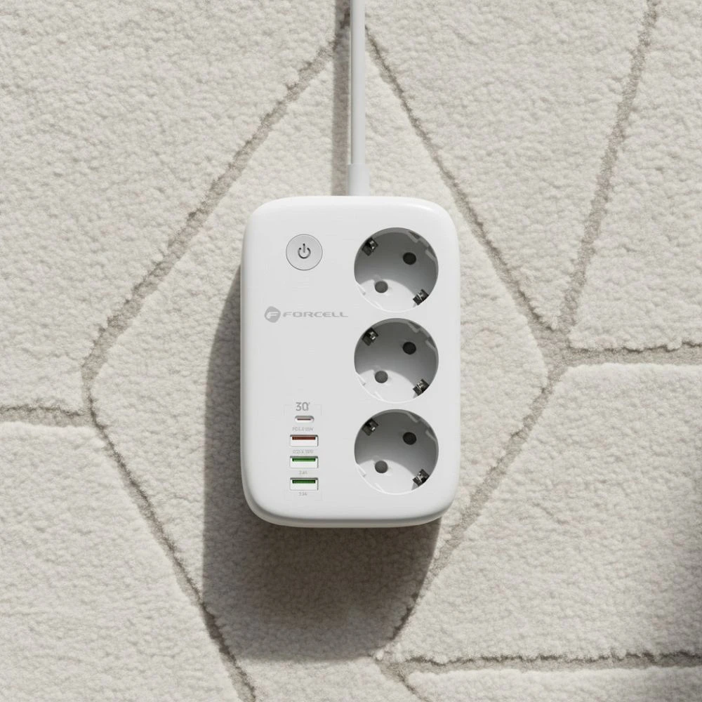 Power strip Forcell F-Energy 3 sockets + USB C 30W + 3 x USB A QC3.0 PD + WiFi Tuya, SmartLife, Alexa 10A 2500W VT-PS03 baltas